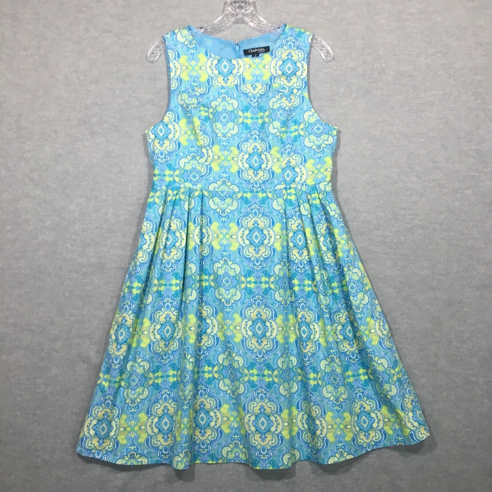 Chadwicks 12 A-Line Dress Blue Yellow Sleeveless Indian Print Retro 50s Cocktail